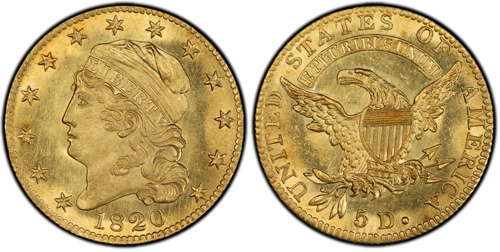 1820 Capped Head Left Half Eagle. BD-7.  Curved-Base 2, Large Letters.  MS-65+ (PCGS).